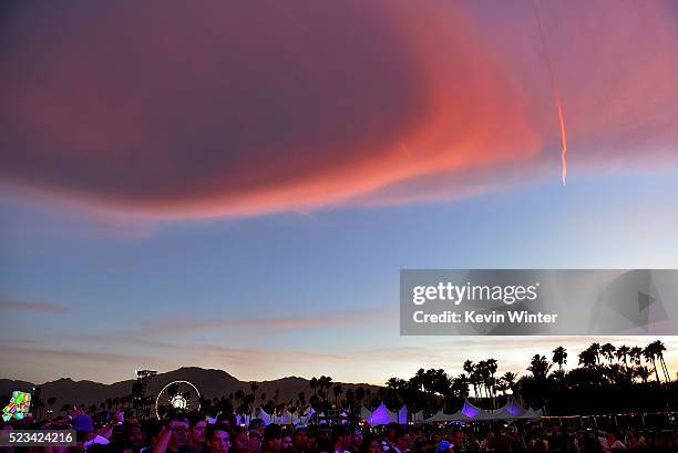 Wide view of the sunset on the grounds during day 1 of the 2016 Coachella Valley Music & Arts Festival Weekend 2 at the Empire Polo Club on April 22,...