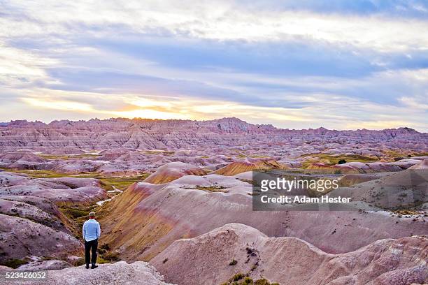 young man watching sunset at badlands national park, south dakota, usa - badlands national park foto e immagini stock