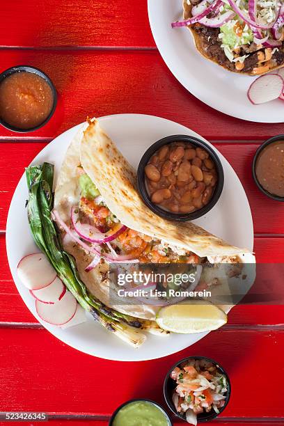 chicken vampiro taco & tostada with fixings - tostada stock pictures, royalty-free photos & images