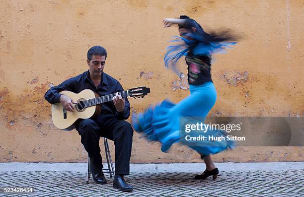 flamenco dancer and guitarist - gitarrist stock-fotos und bilder