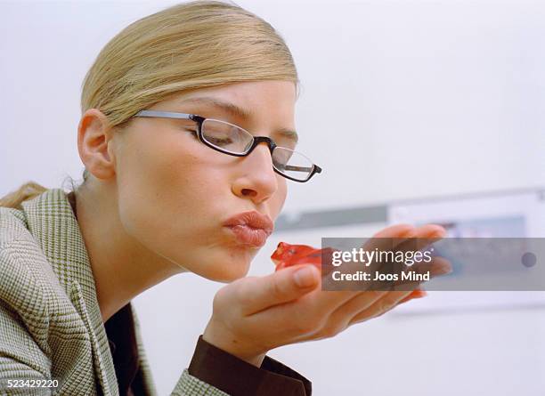 business woman kissing frog - woman frog hand stockfoto's en -beelden