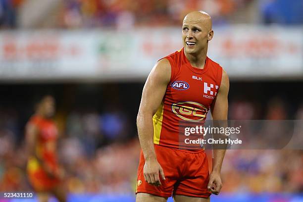 Gary Ablett of the Suns looks on during the round five AFL match between the Gold Coast Suns and the North Melbourne Kangaroos at Metricon Stadium on...