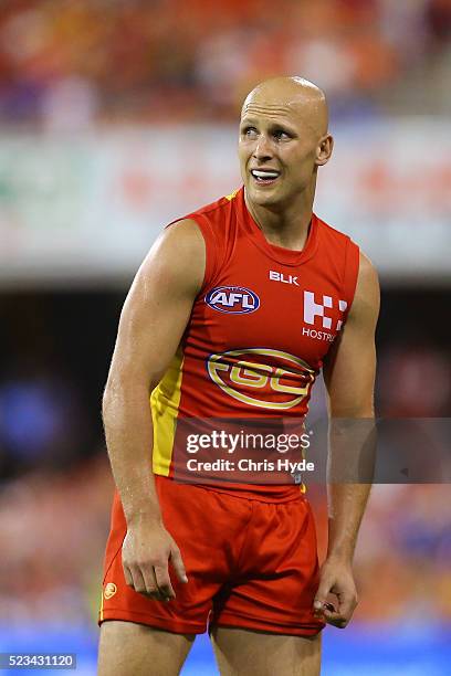 Gary Ablett of the Suns looks on during the round five AFL match between the Gold Coast Suns and the North Melbourne Kangaroos at Metricon Stadium on...