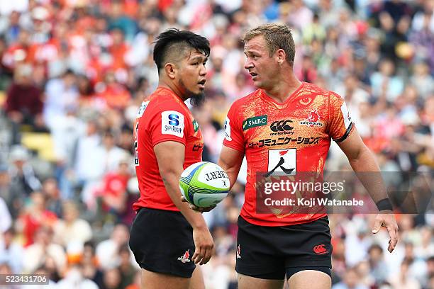 Riaan Viljoen of Sunwolves looks on the round nine Super Rugby match between the Sunwolves and the Jaguares at Prince Chichibu Memorial Ground on...