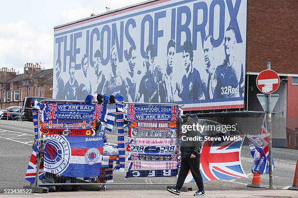 Rangers Fans start to arrive at Ibrox stadium before the Scottish Championship match between Rangers and Alloa at Ibrox Stadium on April 23, 2016 in...