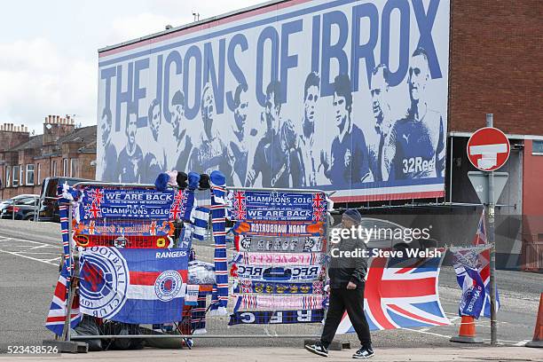 Rangers Fans start to arrive at Ibrox stadium before the Scottish Championship match between Rangers and Alloa at Ibrox Stadium on April 23, 2016 in...