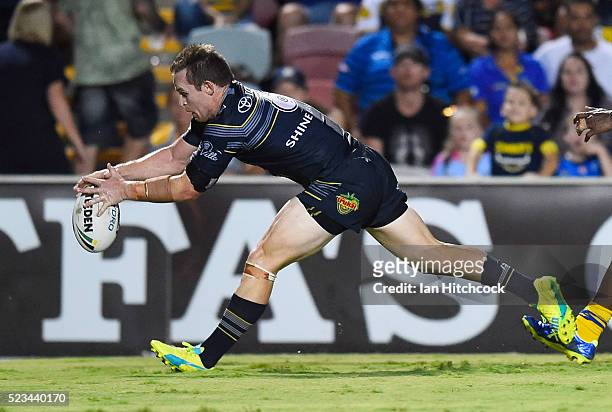 Michael Morgan of the Cowboys scores a try during the round eight NRL match between the North Queensland Cowboys and the Parramatta Eels at...