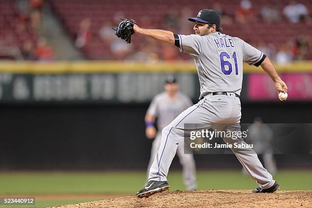 David Hale of the Colorado Rockies pitches against the Cincinnati Reds at Great American Ball Park on April 19, 2016 in Cincinnati, Ohio.