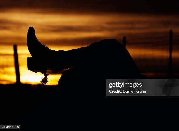 cowboy's boot and spur silhouetted at sunrise - boot spur stock pictures, royalty-free photos & images