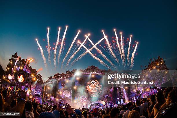 Main stage with fireworks during the second day of the Tomorrowland music festival at Parque Maeda Itu on April 22, 2016 in Sao Paulo, Brazil.