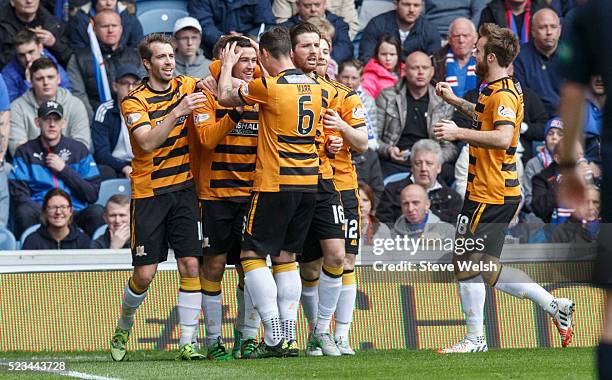 Michael Duffy of Alloa Athletic celebrates with team-mates after scoring the opening goal during the Scottish Championship match between Rangers and...