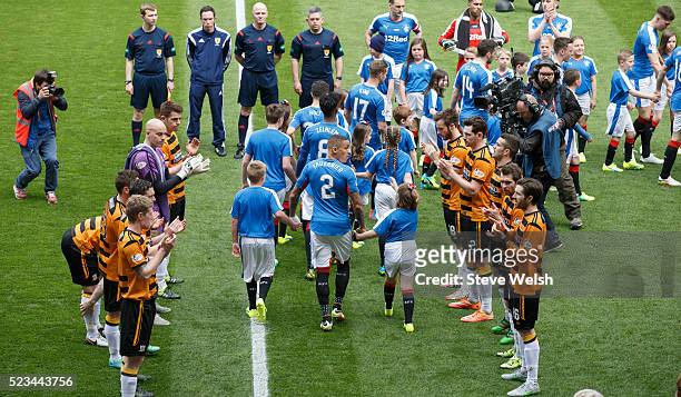 Alloa Athletic line up as a guard of honour to welcome the Scottish Championship Champions, Rangers onto the pitch before the match between Rangers...