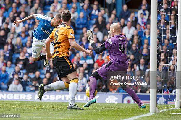 James Tavernier heads in his goal for Rangers 1st goal during the Scottish Championship match between Rangers and Alloa Athletic at Ibrox Stadium...