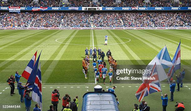 Alloa Athletic line up as a guard of honour to welcome the Scottish Championship Champions, Rangers onto the pitch before the match between Rangers...