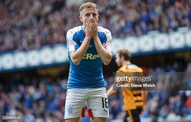 Andy Halliday reacts to a missed penalty for Rangers during the Scottish Championship match between Rangers and Alloa Athletic at Ibrox Stadium April...