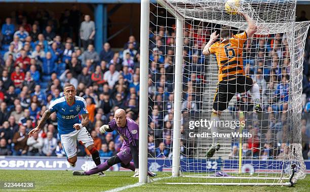 James Tavernier heads in his goal for Rangers 1st goal during the Scottish Championship match between Rangers and Alloa Athletic at Ibrox Stadium...