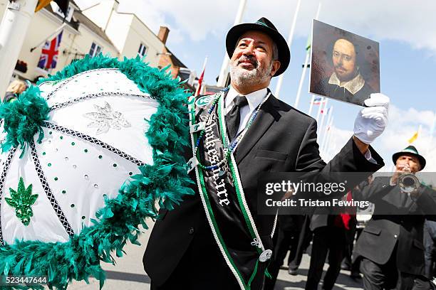 The Wendell Brunious band perform a New Orleans jazz funeral during the Shakespeare Birthday Celebration Parade on April 23, 2016 in...