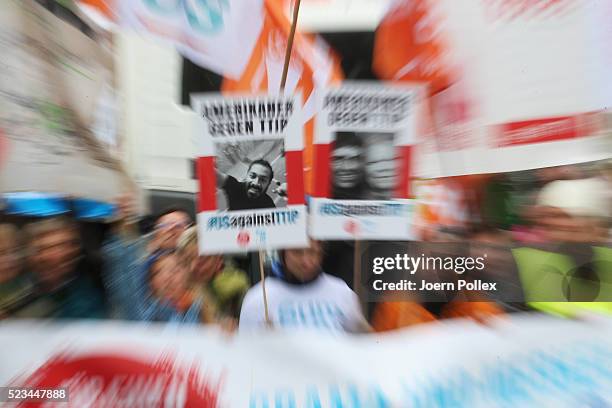 SumOfUs Activists protest during an Anti-TTIP Demonstration on April 23, 2016 in Hanover, Germany. People protest against the reducing of the...