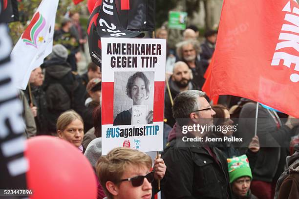 SumOfUs Activists protest during an Anti-TTIP Demonstration on April 23, 2016 in Hanover, Germany. People protest against the reducing of the...