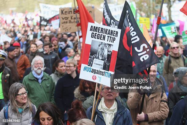 SumOfUs Activists protest during an Anti-TTIP Demonstration on April 23, 2016 in Hanover, Germany. People protest against the reducing of the...