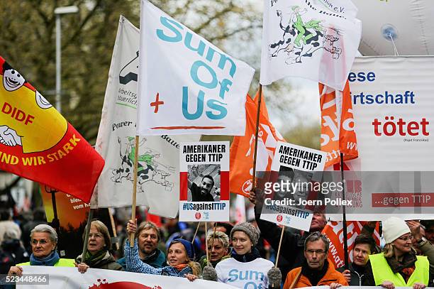 SumOfUs Activists protest during an Anti-TTIP Demonstration on April 23, 2016 in Hanover, Germany. People protest against the reducing of the...