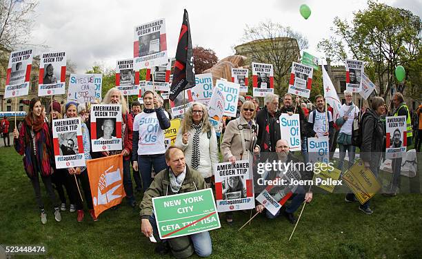 SumOfUs Activists protest during an Anti-TTIP Demonstration on April 23, 2016 in Hanover, Germany. People protest against the reducing of the...