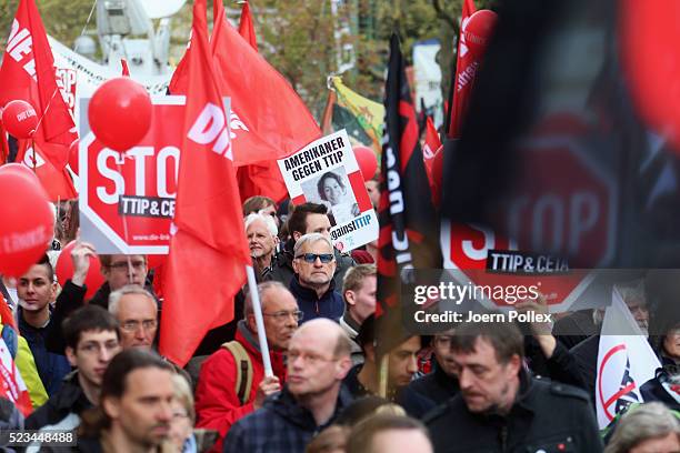 SumOfUs Activists protest during an Anti-TTIP Demonstration on April 23, 2016 in Hanover, Germany. People protest against the reducing of the...