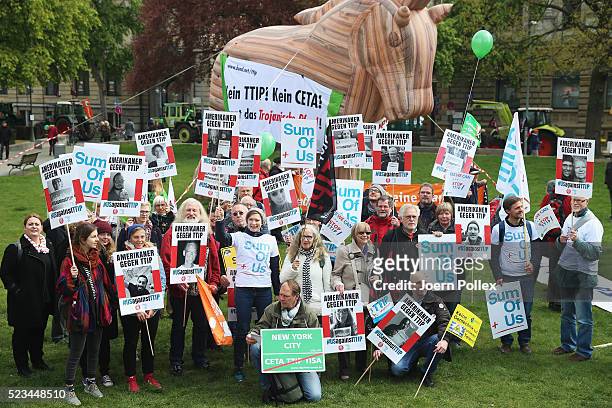 SumOfUs Activists protest during an Anti-TTIP Demonstration on April 23, 2016 in Hanover, Germany. People protest against the reducing of the...