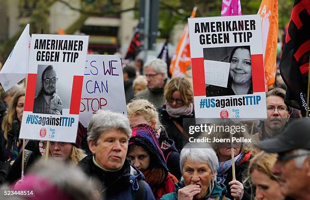 SumOfUs Activists protest during an Anti-TTIP Demonstration on April 23, 2016 in Hanover, Germany. People protest against the reducing of the...