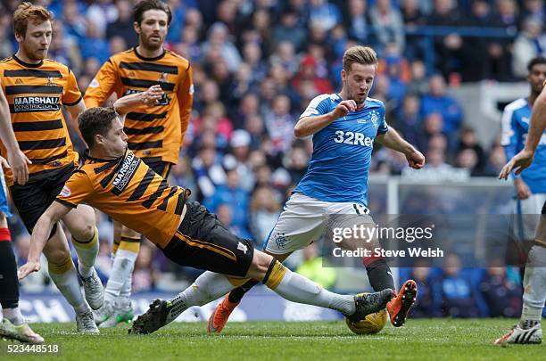 Billy King of Rangers skips past Jason Marr of Alloa during the Scottish Championship match between Rangers and Alloa Athletic at Ibrox Stadium April...