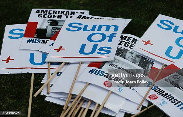 SumOfUs banner seen during an Anti-TTIP Demonstration on April 23, 2016 in Hanover, Germany. People protest against the reducing of the regulatory...