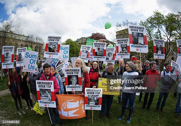 SumOfUs Activists protest during an Anti-TTIP Demonstration on April 23, 2016 in Hanover, Germany. People protest against the reducing of the...