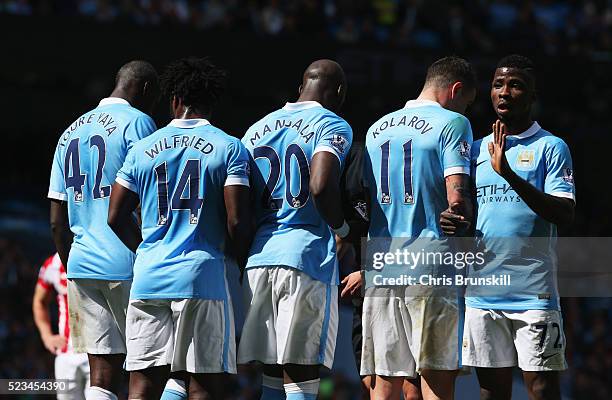 Kelechi Iheanacho of Manchester City organises the wall during the Barclays Premier League match between Manchester City and Stoke City at Etihad...