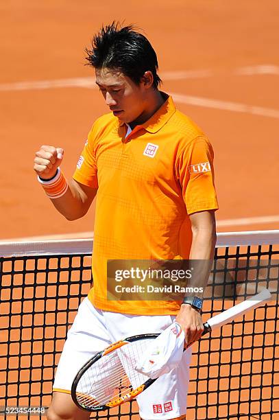 Kei Nishikori of Japan celebrates after defeating Benoit Paire of France during day six of the Barcelona Open Banc Sabadell at the Real Club de Tenis...