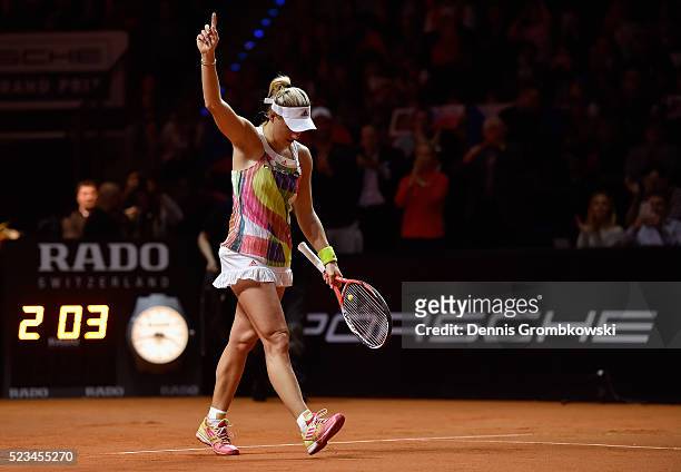 Angelique Kerber of Germany celebrates match point in her semi final match against Petra Kvitova of Czech Republic during Day 6 of the Porsche Tennis...