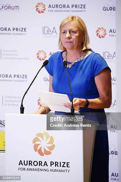 Former U.S. Deputy National Security Advisor and Ambassador to the United Nations Nancy Soderberg during the Aurora Dialogues, a series of...