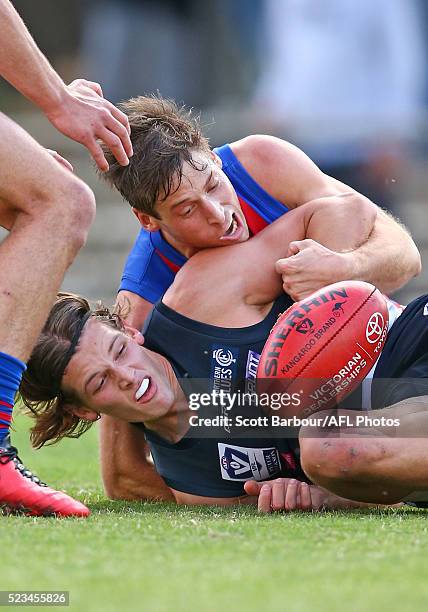 Jesse Glass-McCasker of the Northern Blues is tackled during the VFL round 3 match between the Northern Blues and Port Melbourne at Preston City Oval...