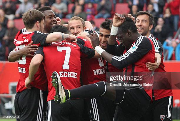 Players of Ingolstadt celebrate the first goal of his teammate Alfredo Morales during the Bundesliga match between FC Ingolstadt and Hannover 96 at...