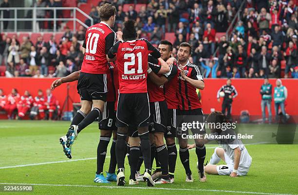 Players of Ingolstadt celebrate the first goal of his teammate Alfredo Morales during the Bundesliga match between FC Ingolstadt and Hannover 96 at...