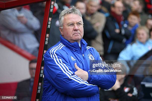 Guus Hiddink interim manager of Chelsea looks on during the Barclays Premier League match between A.F.C. Bournemouth and Chelsea at the Vitality...