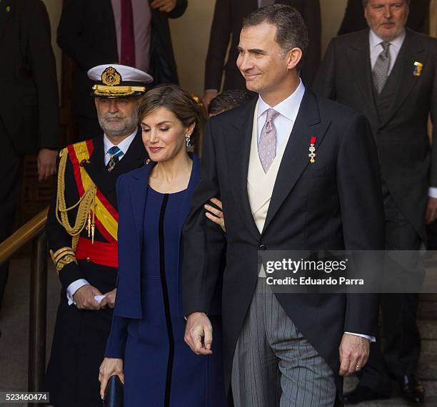 Queen Letizia of Spain and King Felipe VI of Spain pose for photographers at the University of Alcala de Henares for the Cervantes Prize award...