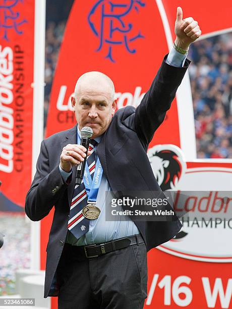 Mark Warburton tyhe Rangers manager on his lap of honour around Ibrox Stadium on April 23, 2016 in Glasgow, United Kingdom.