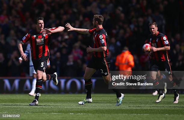 Tommy Elphick of Bournemouth celebrates with Simon Francis of Bournemouth after scoring his sides first goal during the Barclays Premier League match...