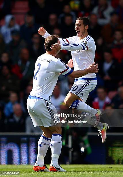 Eden Hazard of Chelsea celebrates with Branislav Ivanovic of Chelsea after scoring his sides second goal during the Barclays Premier League match...