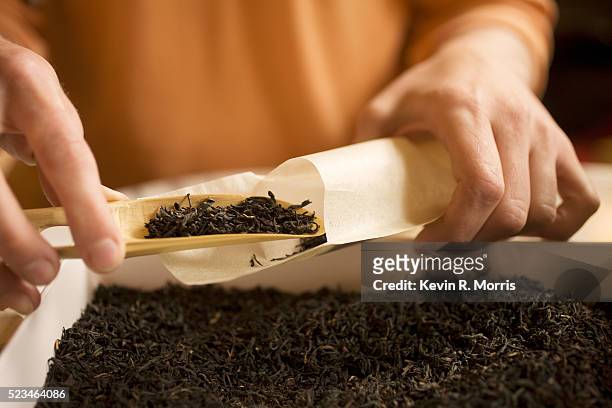 woman putting tea leaves in tea bag - dried tea leaves ストックフォトと画像