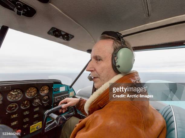copilot flying a small piper aircraft over grimsey island, iceland - icelands grimsey island photos et images de collection
