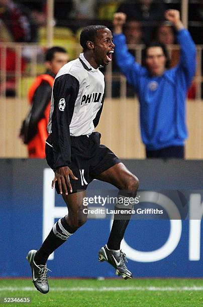 Damarcus Beasley of Eindhoven celebrates his goal during the UEFA Champions League First Knock-Out, Second Leg match between AS Monaco and PSV...