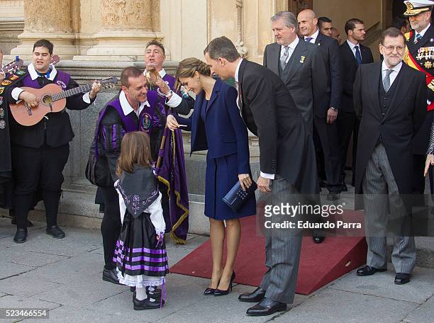 Queen Letizia of Spain and King Felipe VI of Spain pose for photographers at the University of Alcala de Henares for the Cervantes Prize award...