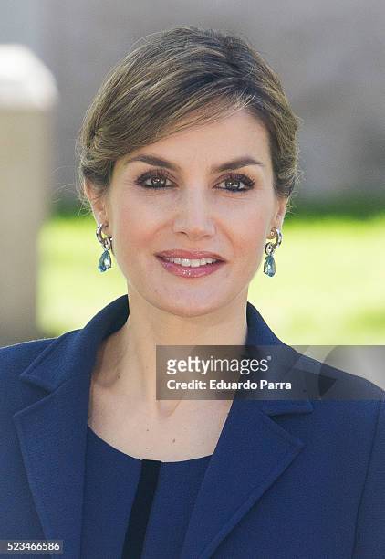 Queen Letizia of Spain poses for photographers at the University of Alcala de Henares for the Cervantes Prize award ceremony on April 23, 2016 in...