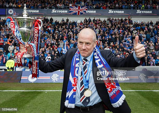 Mark Warburton Rangers manager lifts the Scottish Championship Trophy after the Scottish Championship match between Rangers and Alloa Athletic...